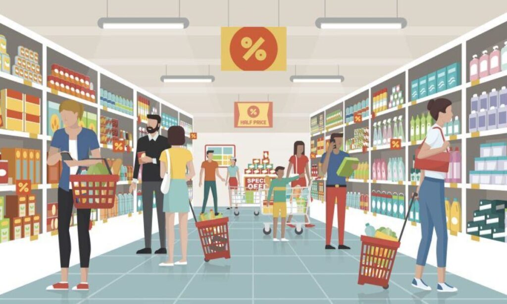 Interior supermarket grosir modern di Indonesia dengan rak penuh produk kebutuhan sehari-hari