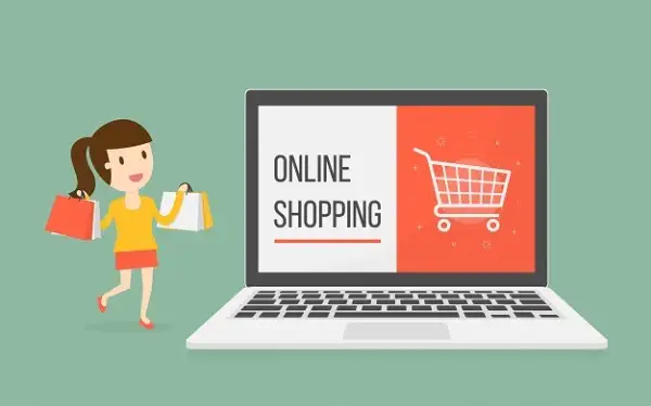 Ilustrasi belanja online grosir murah asli, menunjukkan anak perempuan membawa kantong belanja dan laptop dengan tulisan "Online Shopping"