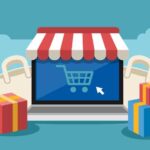 Toko online: ilustrasi keranjang belanja dan ikon e-commerce